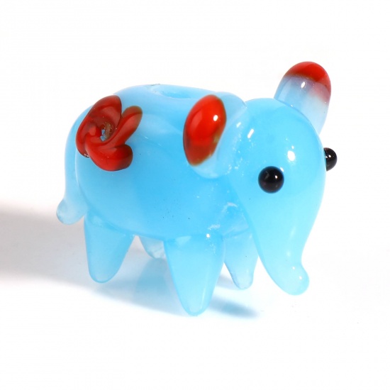 Picture of Lampwork Glass Beads Elephant Animal Red & Blue About 20mm x 17mm - 20mm x 16mm, Hole: Approx 1.8mm, 1 Piece