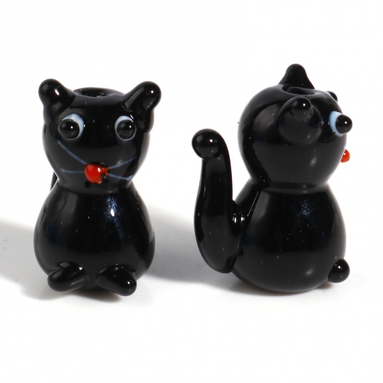 Picture of Lampwork Glass Beads Cat Animal Black About 23mm x 17mm - 22mm x 17mm, Hole: Approx 2mm, 1 Piece