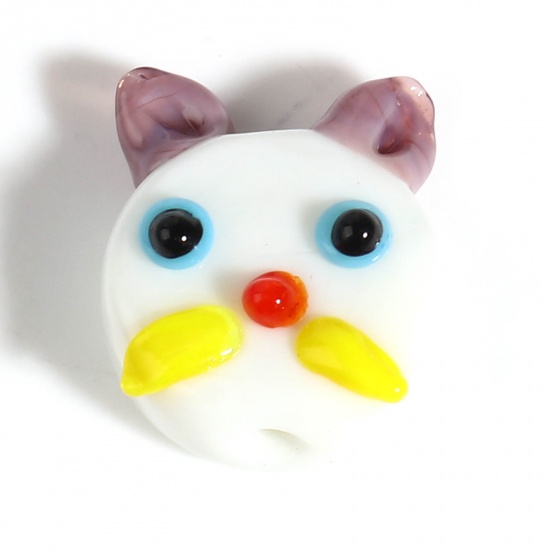 Picture of Lampwork Glass Beads Cat Animal White & Purple About 18mm x 17mm - 18mm x 15mm, Hole: Approx 2mm, 1 Piece