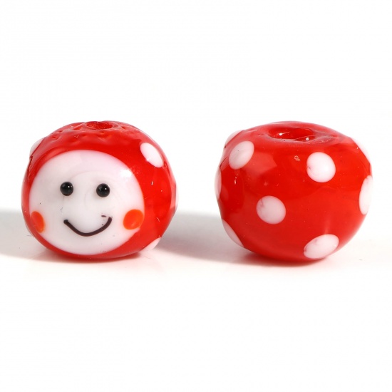 Picture of Lampwork Glass Beads Ball White & Red About 14mm Dia, Hole: Approx 2.1mm, 1 Piece