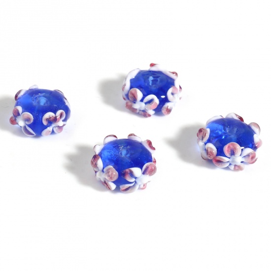 Picture of Lampwork Glass Beads Round Royal Blue Flower About 14mm Dia, Hole: Approx 2mm, 1 Piece