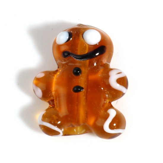 Picture of Lampwork Glass Beads Christmas Ginger Bread Man Amber About 20mm x 17mm - 19mm x 15mm, Hole: Approx 2mm, 1 Piece