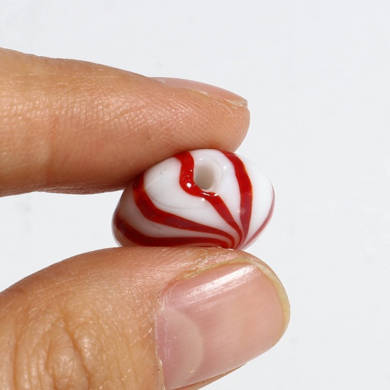 Picture of Lampwork Glass Beads For DIY Charm Jewelry Making Flat Round White & Red Swirl About 18mm - 16mm Dia, Hole: Approx 1.9mm, 5 PCs