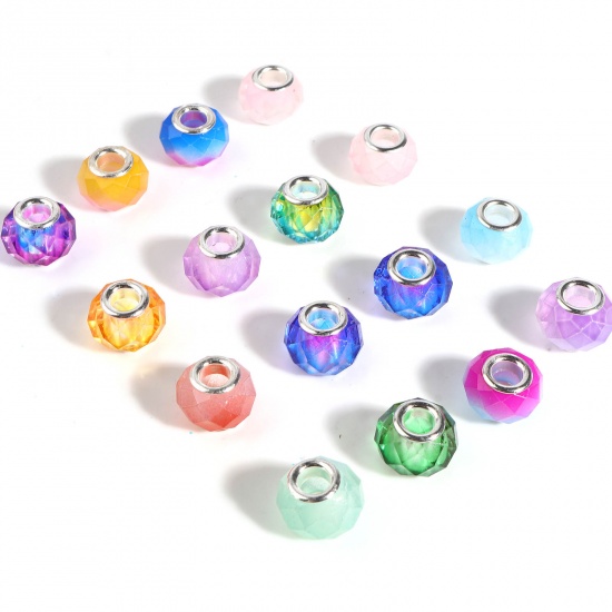 Picture of Zinc Based Alloy & Glass European Style Large Hole Charm Beads Silver Tone At Random Color Round Faceted 14mm Dia., Hole: Approx 5mm, 10 PCs