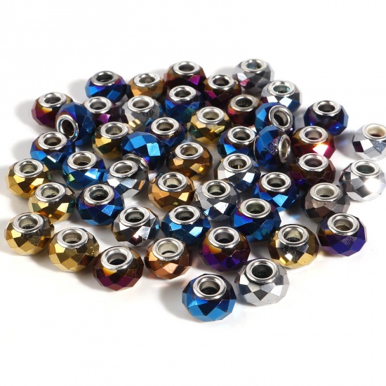 Picture of Zinc Based Alloy & Glass European Style Large Hole Charm Beads Silver Tone At Random Color Round AB Color 14mm Dia., Hole: Approx 5mm, 10 PCs
