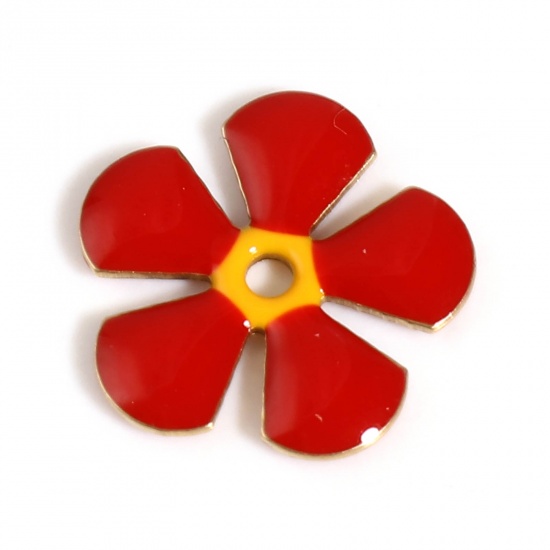 Picture of Brass Enamelled Sequins Spacer Beads Flower Gold Plated Dark Red Enamel About 13mm x 12mm, Hole: Approx 1.5mm, 5 PCs                                                                                                                                          