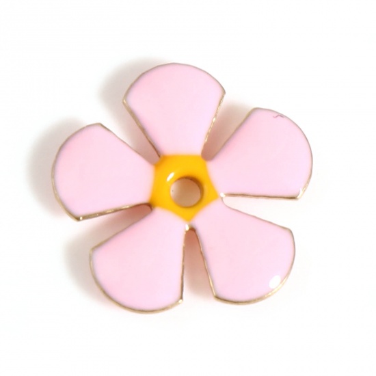 Picture of Brass Enamelled Sequins Spacer Beads Flower Gold Plated Light Pink Enamel About 13mm x 12mm, Hole: Approx 1.5mm, 5 PCs                                                                                                                                        