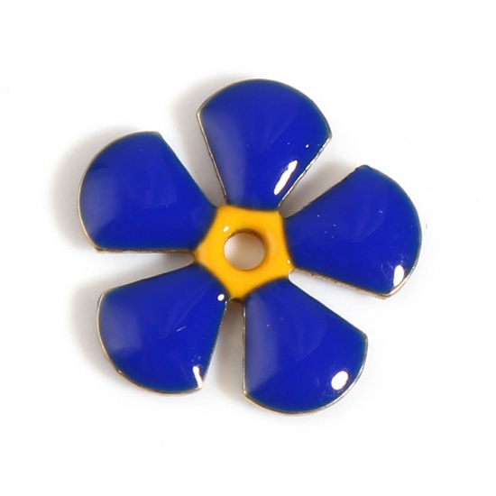 Picture of Brass Enamelled Sequins Spacer Beads Flower Gold Plated Royal Blue Enamel About 13mm x 12mm, Hole: Approx 1.5mm, 5 PCs                                                                                                                                        