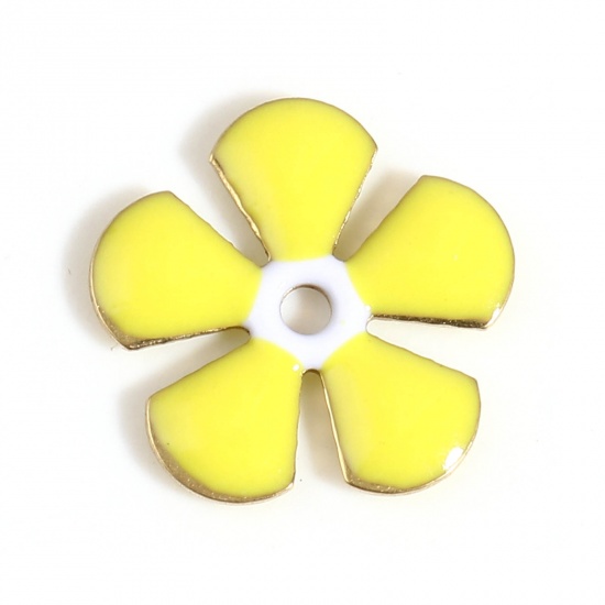 Picture of Brass Enamelled Sequins Spacer Beads Flower Gold Plated Lemon Yellow Enamel About 13mm x 12mm, Hole: Approx 1.5mm, 5 PCs                                                                                                                                      