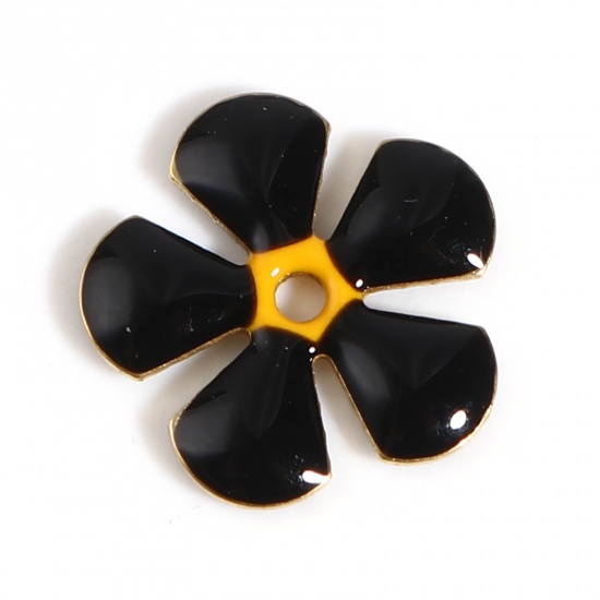 Picture of Brass Enamelled Sequins Spacer Beads Flower Gold Plated Black Enamel About 13mm x 12mm, Hole: Approx 1.5mm, 5 PCs                                                                                                                                             