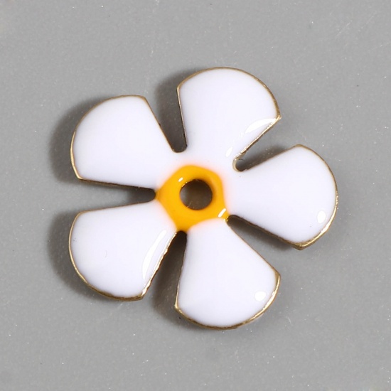 Picture of Brass Enamelled Sequins Spacer Beads Flower Gold Plated White Enamel About 13mm x 12mm, Hole: Approx 1.5mm, 5 PCs                                                                                                                                             
