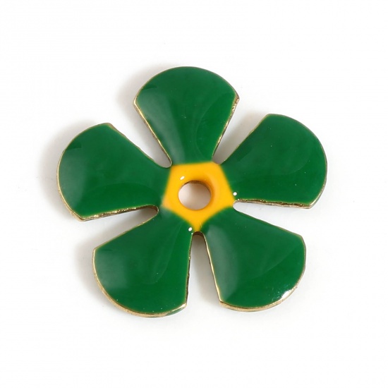 Picture of Brass Enamelled Sequins Spacer Beads Flower Gold Plated Dark Green Enamel About 13mm x 12mm, Hole: Approx 1.5mm, 5 PCs                                                                                                                                        