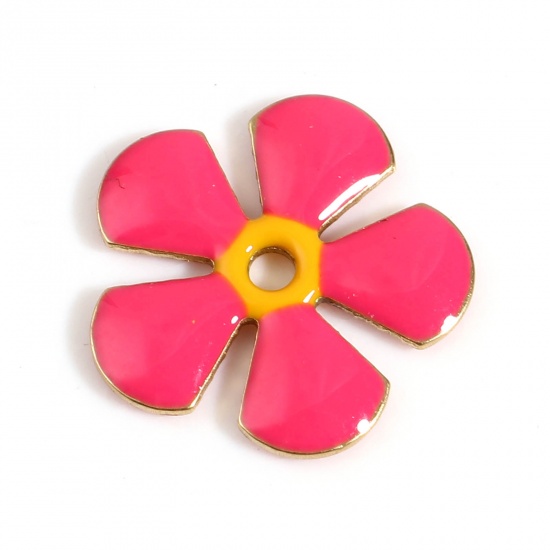 Picture of Brass Enamelled Sequins Spacer Beads Flower Gold Plated Fuchsia Enamel About 13mm x 12mm, Hole: Approx 1.5mm, 5 PCs                                                                                                                                           