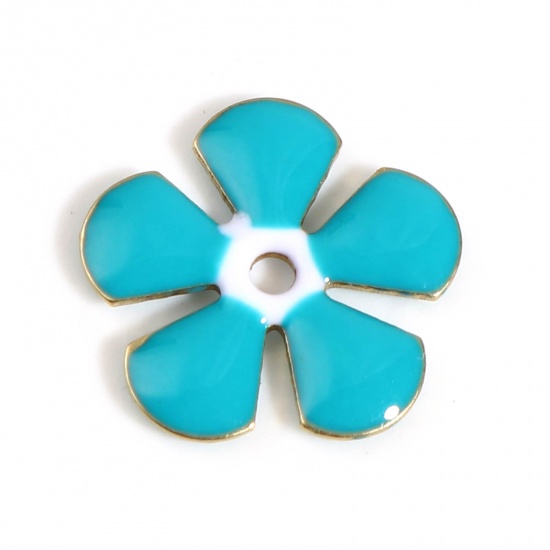 Picture of Brass Enamelled Sequins Spacer Beads Flower Gold Plated Lake Blue Enamel About 13mm x 12mm, Hole: Approx 1.5mm, 5 PCs                                                                                                                                         