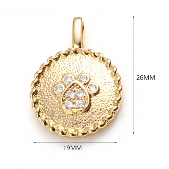 Picture of Brass Pet Memorial Charms Round 18K Real Gold Plated Paw Claw Clear Cubic Zirconia 26mm x 19mm, 1 Piece                                                                                                                                                       