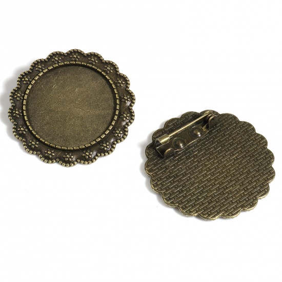 Picture of Zinc Based Alloy Cabochon Settings Pin Brooches Findings Round Bronzed Cabochon Settings (Fits 25mm Dia.) 36mm x 36mm, 5 PCs