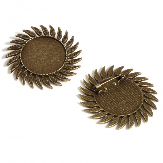 Picture of Zinc Based Alloy Cabochon Settings Pin Brooches Findings Round Bronzed Leaf Cabochon Settings (Fits 25mm Dia.) 43mm x 43mm, 5 PCs