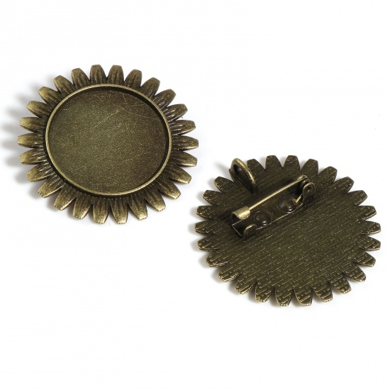 Picture of Zinc Based Alloy Cabochon Settings Pin Brooches Findings Flower Bronzed Cabochon Settings (Fits 25mm Dia.) 38mm x 38mm, 5 PCs