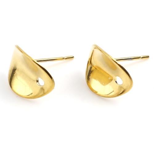 Picture of Stainless Steel Ear Post Stud Earrings Oval Gold Plated W/ Loop 11mm x 8mm, Post/ Wire Size: (21 gauge), 2 PCs