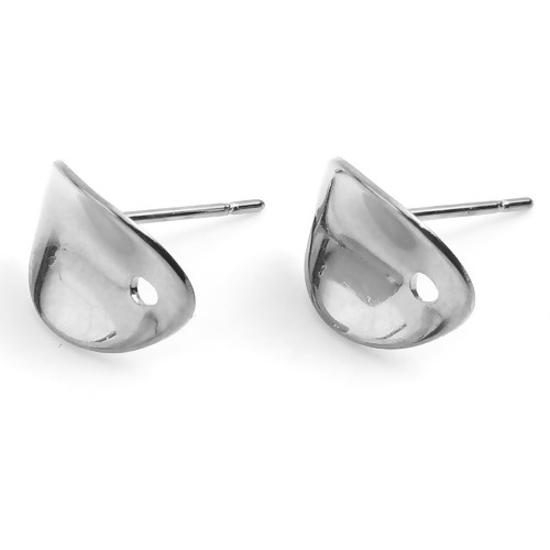 Picture of Stainless Steel Ear Post Stud Earrings Oval Silver Tone W/ Loop 11mm x 8mm, Post/ Wire Size: (21 gauge), 2 PCs