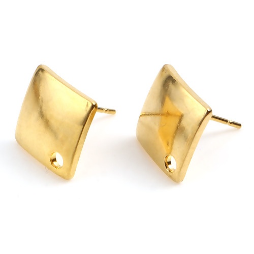 Picture of Stainless Steel Ear Post Stud Earrings Rhombus Gold Plated W/ Loop 14mm x 14mm, Post/ Wire Size: (21 gauge), 2 PCs