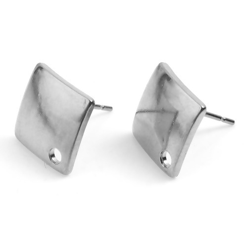 Picture of Stainless Steel Ear Post Stud Earrings Rhombus Silver Tone W/ Loop 14mm x 14mm, Post/ Wire Size: (21 gauge), 2 PCs