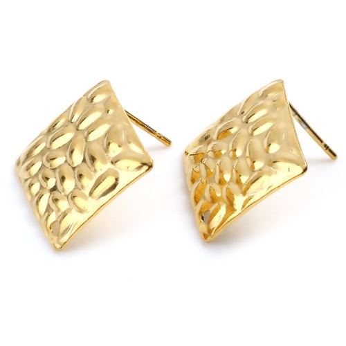 Picture of Stainless Steel Ear Post Stud Earrings Rhombus Gold Plated Oval W/ Loop 19mm x 19mm, Post/ Wire Size: (21 gauge), 2 PCs