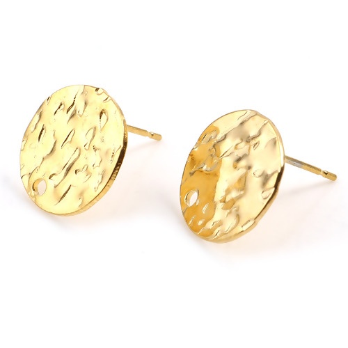Picture of Stainless Steel Ear Post Stud Earrings Round Gold Plated Carved Pattern W/ Loop 13mm Dia., Post/ Wire Size: (21 gauge), 2 PCs