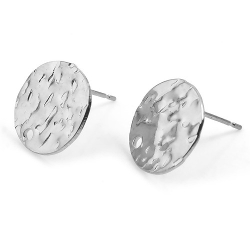 Picture of Stainless Steel Ear Post Stud Earrings Round Silver Tone Carved Pattern W/ Loop 13mm Dia., Post/ Wire Size: (21 gauge), 2 PCs