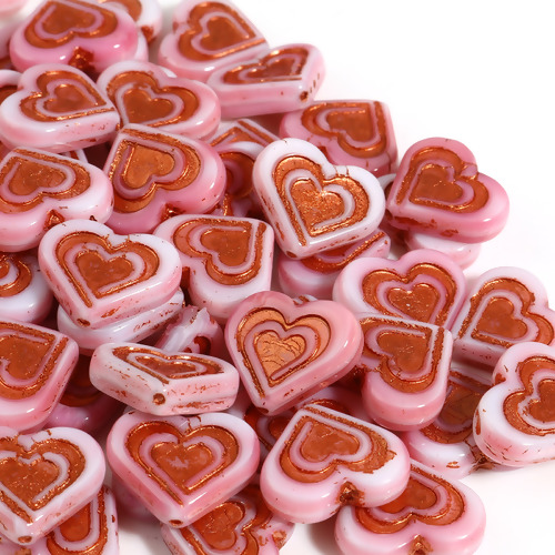 Picture of Glass Valentine's Day Czech Beads Pink & Orange Heart 17mm x 14mm, Hole: Approx 1mm, 2 PCs