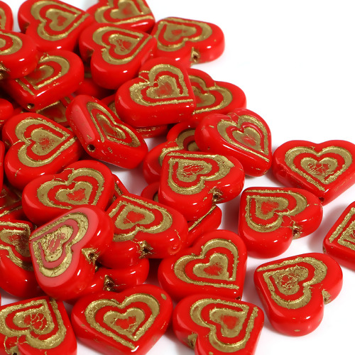 Picture of Glass Valentine's Day Czech Beads Golden & Red Heart 17mm x 14mm, Hole: Approx 1mm, 2 PCs