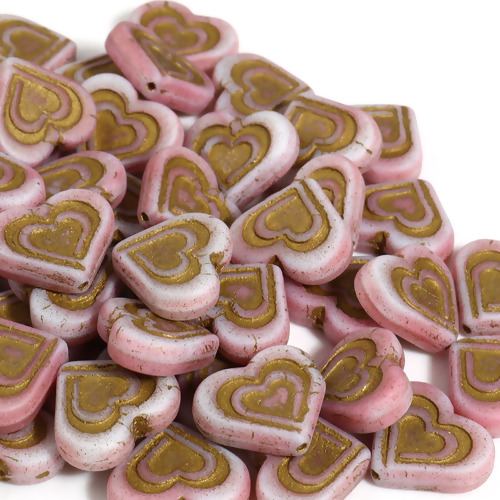 Picture of Glass Valentine's Day Czech Beads Pink & Golden Heart 17mm x 14mm, Hole: Approx 1mm, 2 PCs