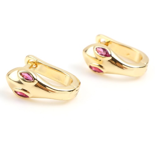 Picture of Brass Hoop Earrings 18K Real Gold Plated U-shaped Snake Fuchsia 12mm x 6mm, Post/ Wire Size: (18 gauge), 1 Pair