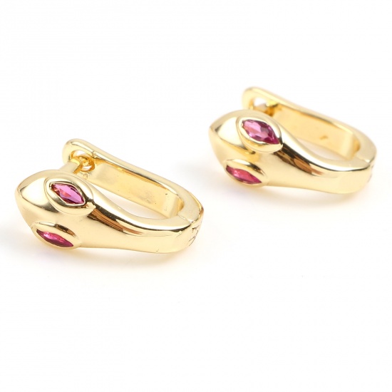 Picture of Brass Hoop Earrings 18K Real Gold Plated U-shaped Snake Fuchsia 12mm x 6mm, Post/ Wire Size: (18 gauge), 1 Pair