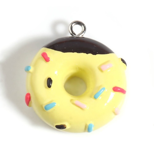 Picture of Resin Charms Donut Silver Tone Black & Yellow 25mm x 22mm - 24mm x 21mm, 5 PCs