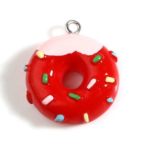 Picture of Resin Charms Donut Silver Tone Red & Pink 25mm x 22mm - 24mm x 21mm, 5 PCs