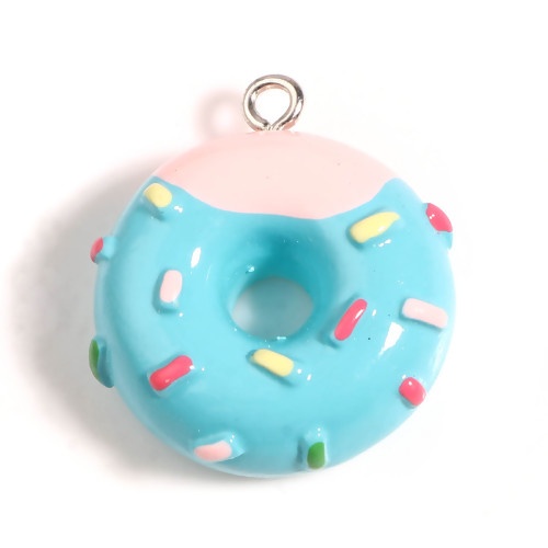 Picture of Resin Charms Donut Silver Tone Blue & Pink 25mm x 22mm - 24mm x 21mm, 5 PCs
