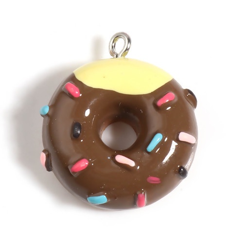 Picture of Resin Charms Donut Silver Tone Dark Coffee 25mm x 22mm - 24mm x 21mm, 5 PCs