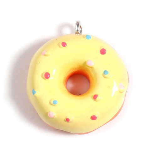 Picture of Resin Charms Donut Dot Silver Tone Yellow 25mm x 22mm - 24mm x 21mm, 5 PCs