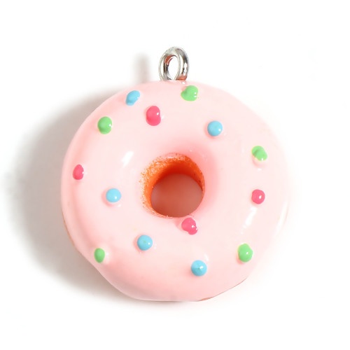Picture of Resin Charms Donut Dot Silver Tone Pink 25mm x 22mm - 24mm x 21mm, 5 PCs