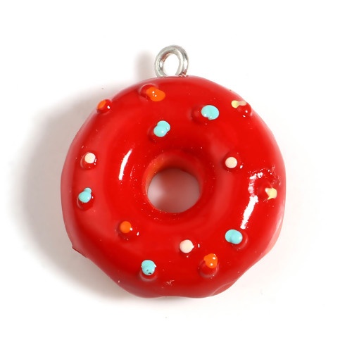 Picture of Resin Charms Donut Dot Silver Tone Red 25mm x 22mm - 24mm x 21mm, 5 PCs