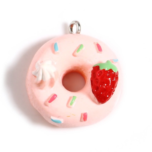 Picture of Resin Charms Donut Strawberry Silver Tone Pink 25mm x 22mm - 24mm x 21mm, 5 PCs