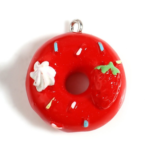 Picture of Resin Charms Donut Strawberry Silver Tone Red 25mm x 22mm - 24mm x 21mm, 5 PCs