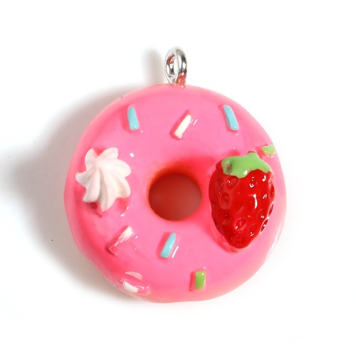 Picture of Resin Charms Donut Strawberry Silver Tone Fuchsia 25mm x 22mm - 24mm x 21mm, 5 PCs
