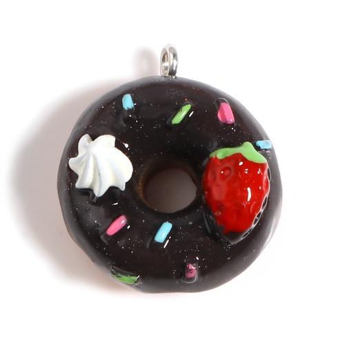 Bild von Harz Charms Donut Erdbeere Silberfarbe Schwarz 25mm x 22mm - 24mm x 21mm, 5 Stück