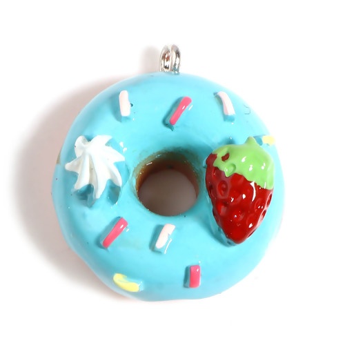 Picture of Resin Charms Donut Strawberry Silver Tone Blue 25mm x 22mm - 24mm x 21mm, 5 PCs