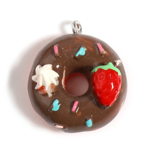 Picture of Resin Charms Donut Strawberry Silver Tone Dark Coffee 25mm x 22mm - 24mm x 21mm, 5 PCs