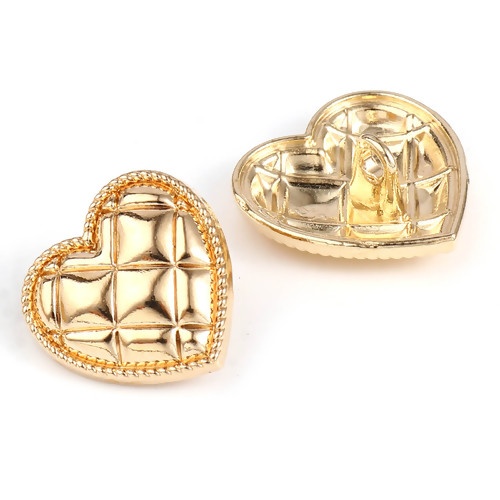 Picture of Zinc Based Alloy Valentine's Day Metal Sewing Shank Buttons Heart Gold Plated Grid Checker Carved 20mm x 20mm, 10 PCs