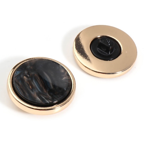 Picture of Zinc Based Alloy & Resin Metal Sewing Shank Buttons Round Gold Plated Black Imitation Shell 23mm Dia., 2 PCs