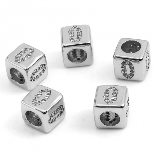 Picture of Brass Micro Pave Beads Square Silver Tone Lip Clear Rhinestone About 8mm x 8mm, Hole: Approx 4.5mm, 1 Piece                                                                                                                                                   